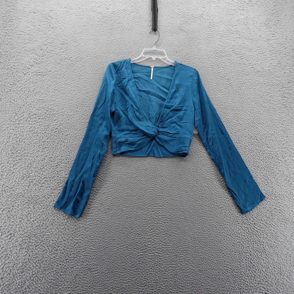 Free People Miraya Teal Blue‎ Twist Front Crop Long Sleeve Top Size Small NEW